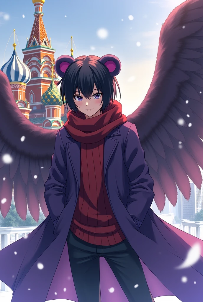 man, anime, violet, yellow, anthropomorphic, bear, wings, St. Basil&#39;s Cathedral, winter, dark hair, a stern look, Glossy magazine