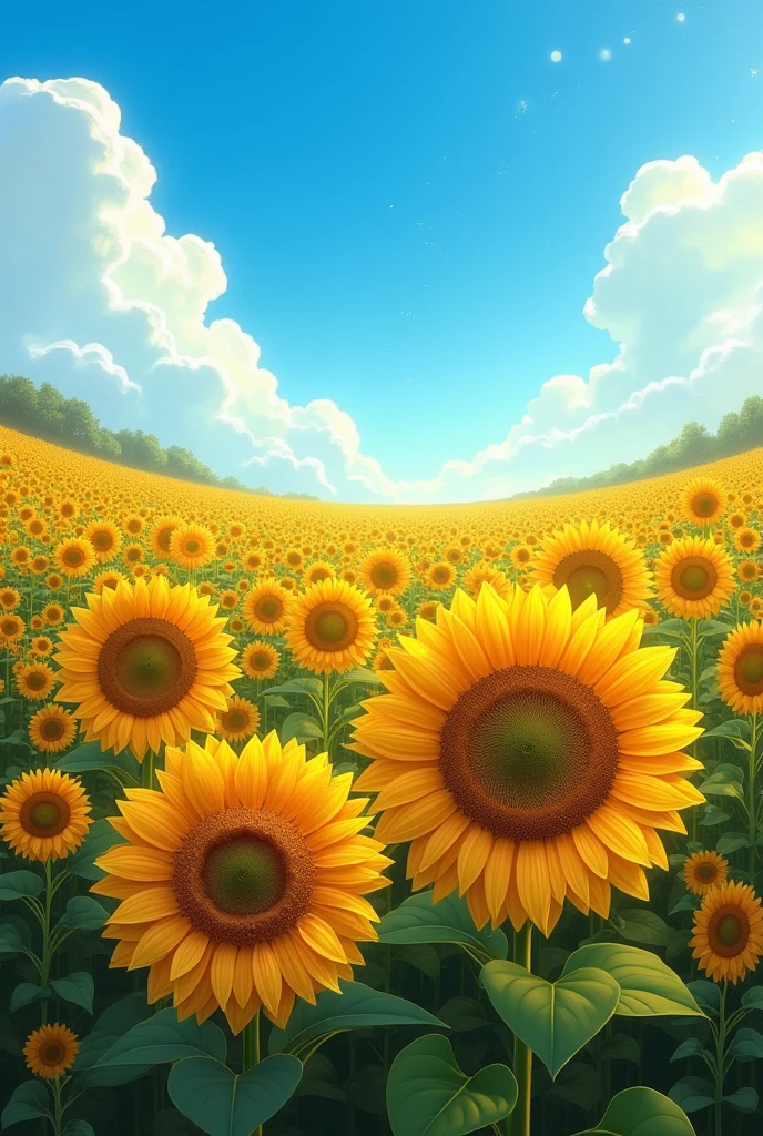 Sunflower field, Under the blue sky, high detail of complex objects, bright rich colors