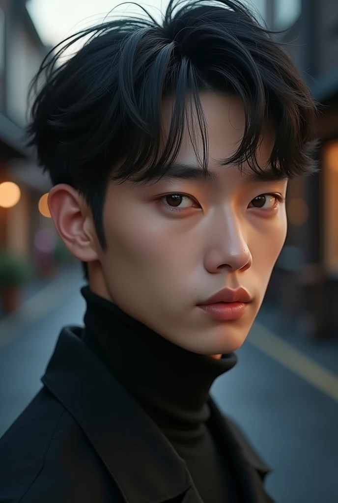 Best Quality, 8K, Masterpiece: 1.3)), Focus: 1.2, Perfect Body: 1.4, handsome: 1.2, (Layered Haircut: 1.2)), (Dark Street: 1.3), Highly Detailed Face and Skin Texture, Full Body, Delicate Eyes, Double Eyelids, Whitened Skin, brown Hair, (Round Face: 1.5), ( t-shirt: 1.6)