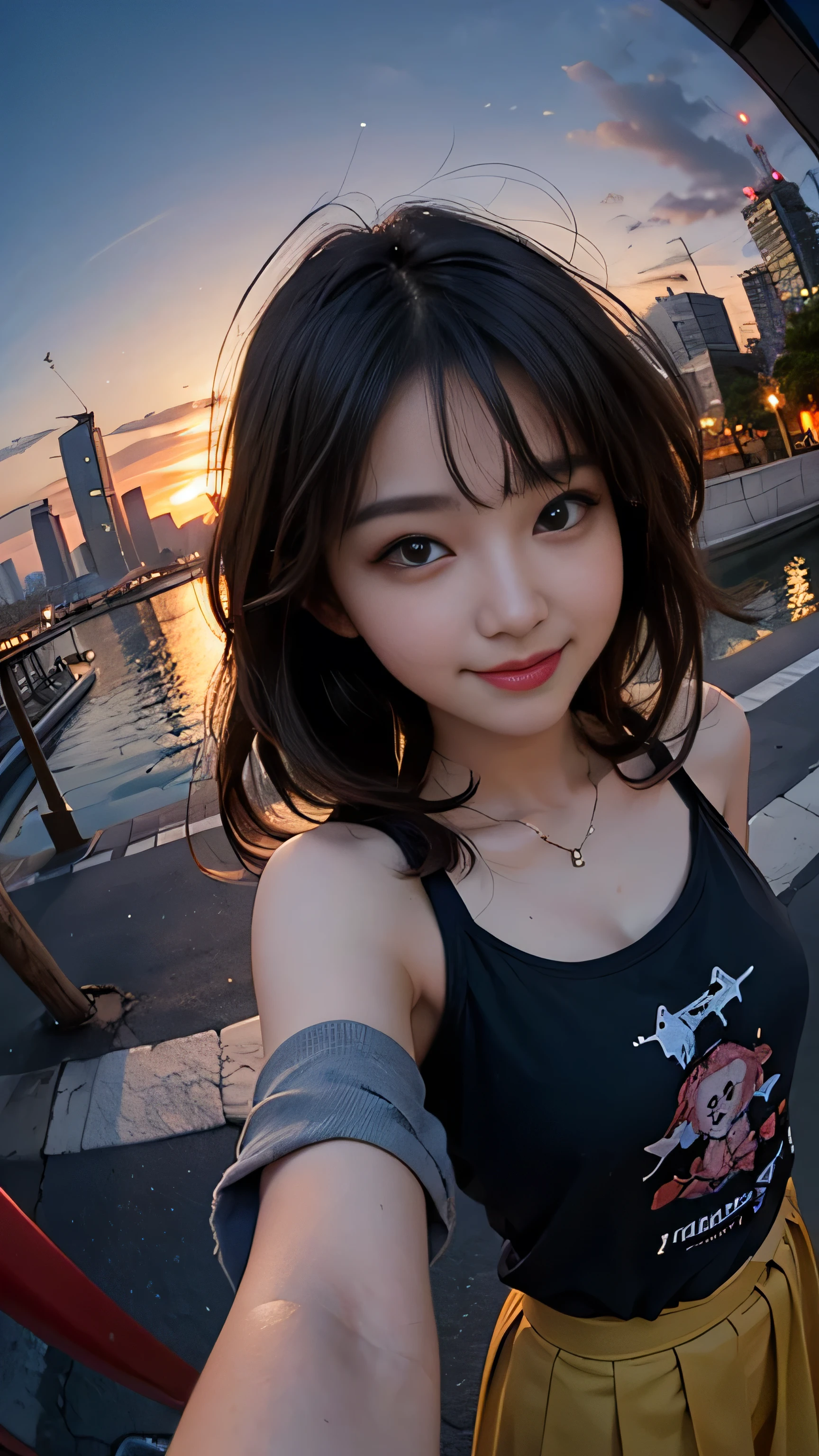 One girl, Korean, Fisheye Lens, Selfie, Wind, Messy Hair, sunset, Cityscape, (Aesthetics and atmosphere:1.2),smile