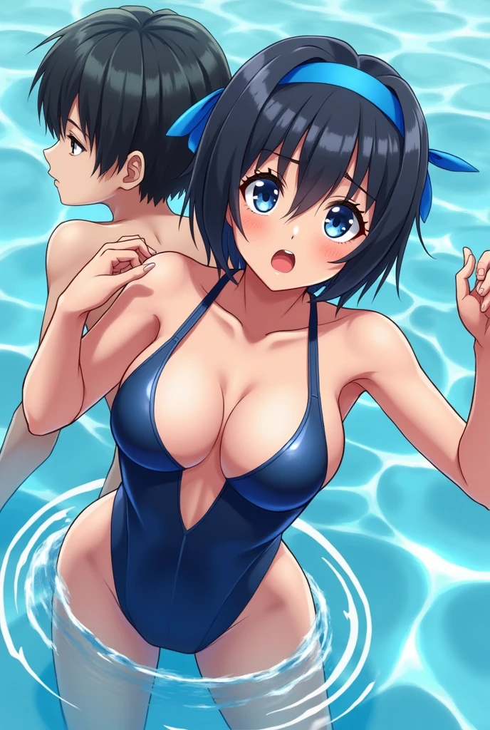 masterpiece, best quality, ultra-detailed,(((16years old))), blue eyes, black hair, short hair, blue hair ribbon, blue headband,large boob, ((tight brilliant shiny competition swimsuit:1.2, plunking neckline, plunking navel, cleavage)), (1boy and 1girl), girl's arms up, (grabbing breasts from behind:1.5)、(arms up:1.5)、(embarrassed)、