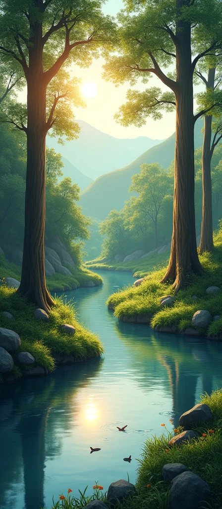 Landscape of a river with trees, with a palette of 4 colors