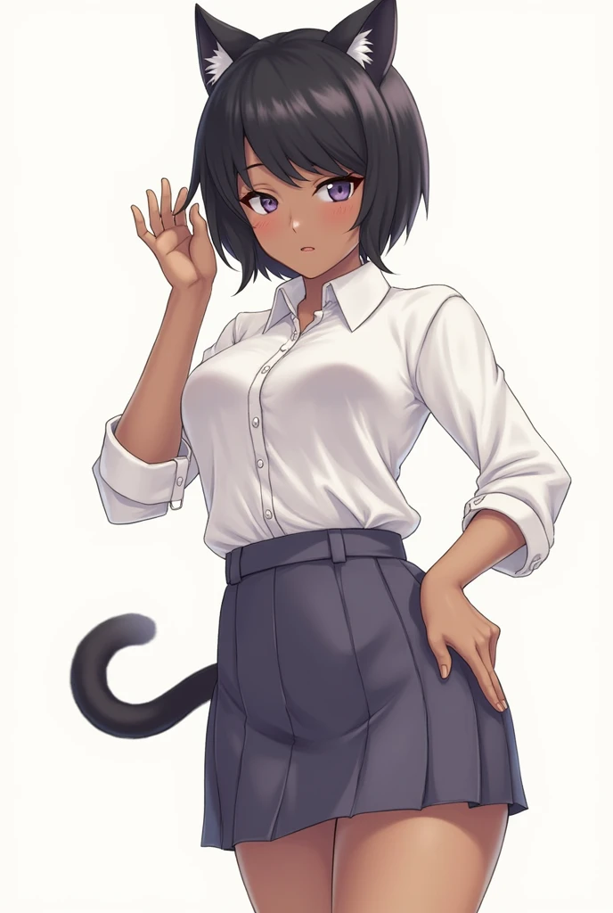 cat ears, dark skin, short hair, medium breasts, ahegao, mini skirt, (skirt lift:1.3), (from bottom:1.3),