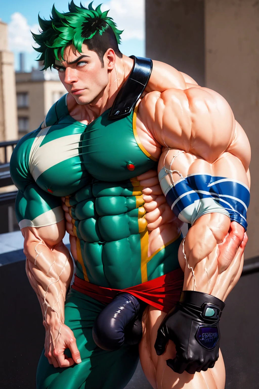 Huge muscles,Huge erect penis,On the roofs of Paris,Massive ,blushing cheeks,Green Hair,Green clothes,Hero Suit,Crying and distorting face in pain,Ejaculate