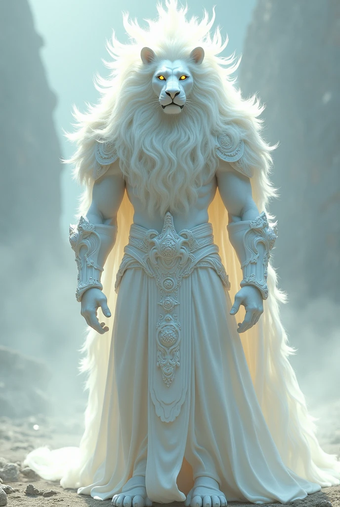 Create a white warrior with a lion's head and fiery eyes. The character is white and the lion's mane is full
