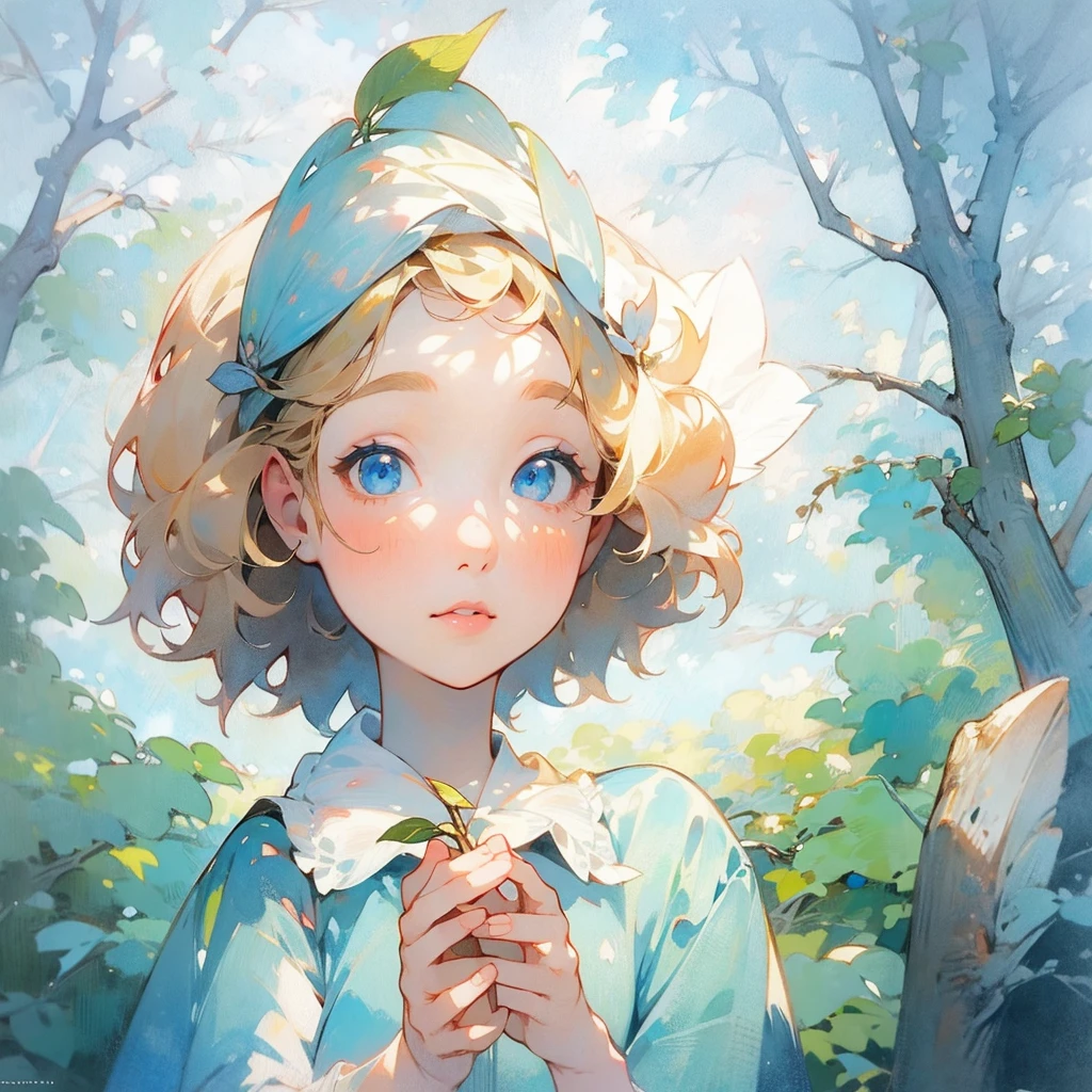 1girl, acorn, bare tree, blonde hair, blue eyes, branch, dress, forest, holding, holding, leaf, lips, looking at viewer, nature, painting \(medium\), peach, short hair, solo, traditional media, tree, upper body, watercolor \(medium\)