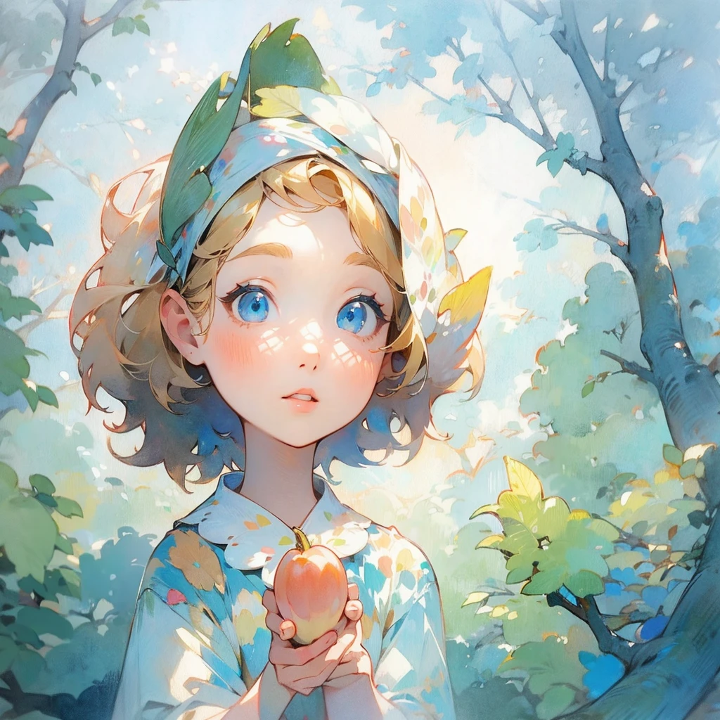 1girl, acorn, bare tree, blonde hair, blue eyes, branch, dress, forest, holding, holding, leaf, lips, looking at viewer, nature, painting \(medium\), peach, short hair, solo, traditional media, tree, upper body, watercolor \(medium\)