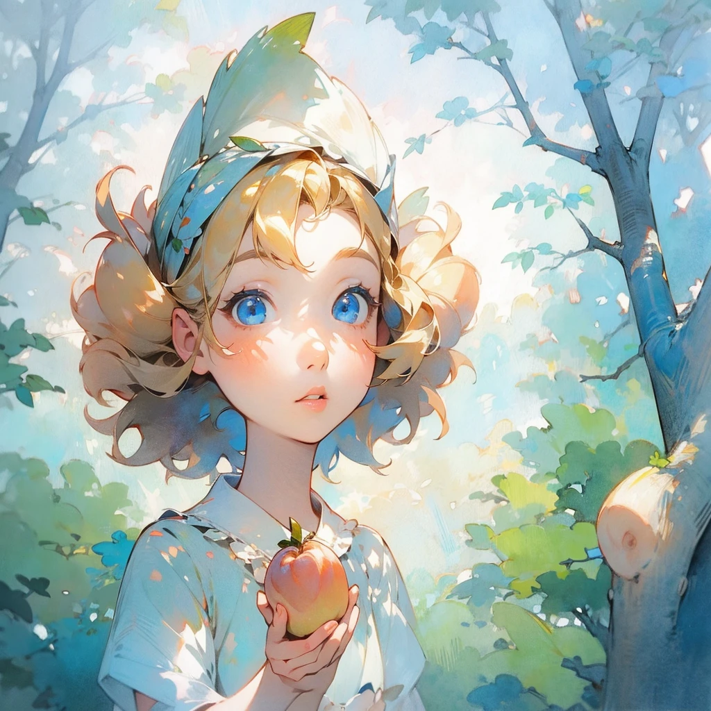 1girl, acorn, bare tree, blonde hair, blue eyes, branch, dress, forest, holding, holding, leaf, lips, looking at viewer, nature, painting \(medium\), peach, short hair, solo, traditional media, tree, upper body, watercolor \(medium\)
