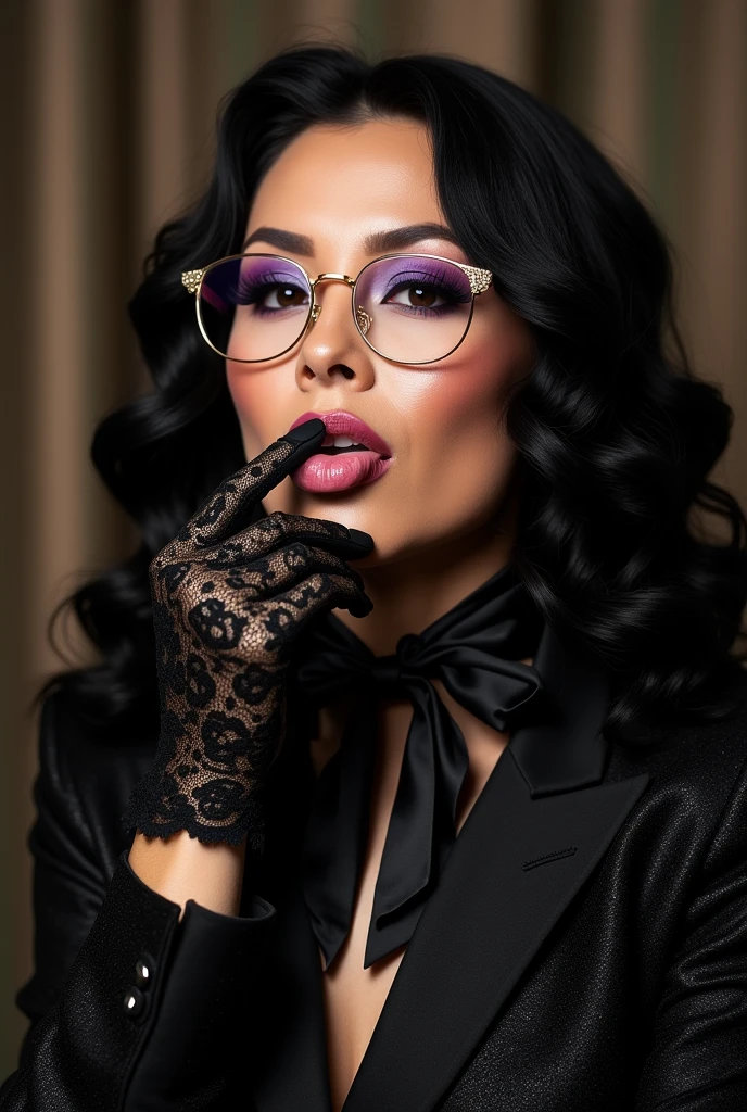 With long, curly black hair、Heavy makeup and purple eyeshadow、Around her neck she wears a ribbon-shaped satin black and gold chain patterned scarf.、Wearing gold-rimmed glasses、Wearing long gloves made of black rose lace、A Japanese woman in her 40s wearing a black suit with glitter stripes is licking her fingers with her tongue