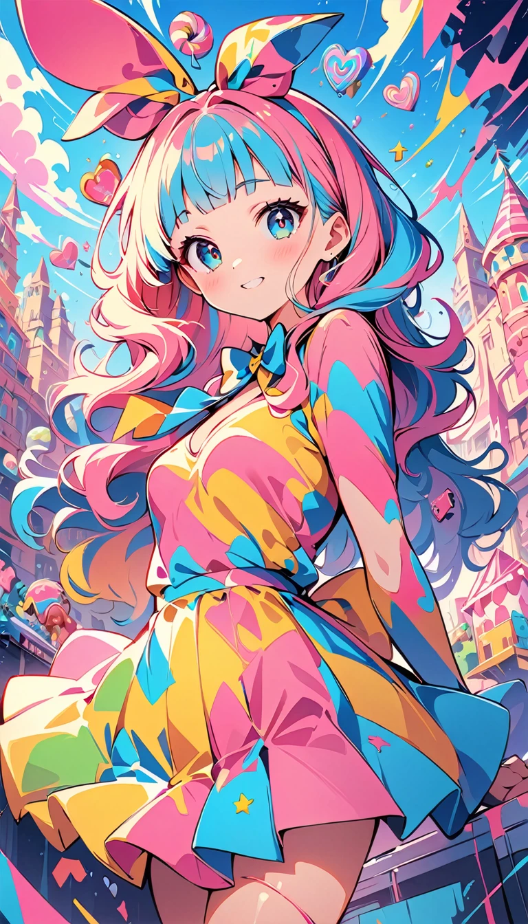 (high quality, 8k, 4K, High Contrast, masterpiece:1.2, 最high quality, Best aesthetics), (Dynamic Angle), Very detailed, Fantasy:1.2, (candyland),, Pop Art, Candy Castle, , colorful, big, , Bright colors, pastel colour, Playful expressions, City of sweets, Pin-up Style, bubblegum pink, ((Sexy Art)), Pop Art スタイル, Cute Characters, Bright style,Dynamic lineart