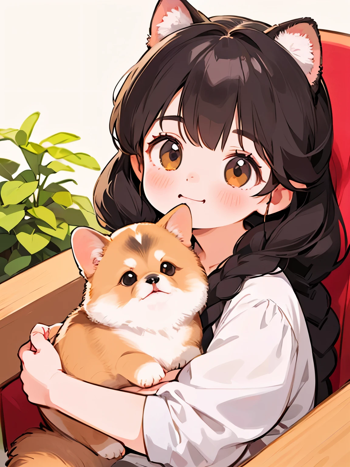 (highest quality,4K,8k,High resolution,masterpiece:1.2), Very detailed, (Deformed, Realistic, Realistic:1.3)，One Girl，cute，Very short stature，10 years old，Laughing happily, Brown eyes，length, fluffy, Black hair braids，White dress，cute犬を抱く，The dog is much bigger than the girl...，This dog is a Yorkshire terrier...，犬はfluffy，Dog holds white panties in mouth:1.3、Spring background is a country house garden，