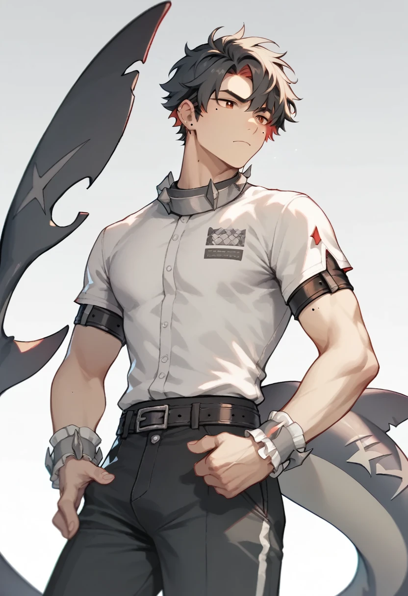 1 Boy,wrist_Iron buckle,fluffy_short_sleeve,mole_under_Eye,Black_Pants,Black and red_Suit,shark_Tail