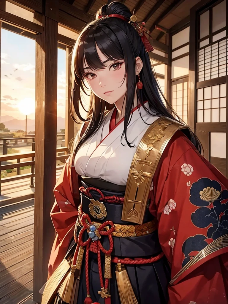 Ukiyo-e,Middle-aged men,Japan,Sengoku period,Samurai in elaborate armor,Slightly tilted upwards,Japan刀を右手で持ち切っ先は下,The left eye is hidden by the bangs,The right eye is stained red,Slightly leaning forward,The background is a battlefield at sunset,