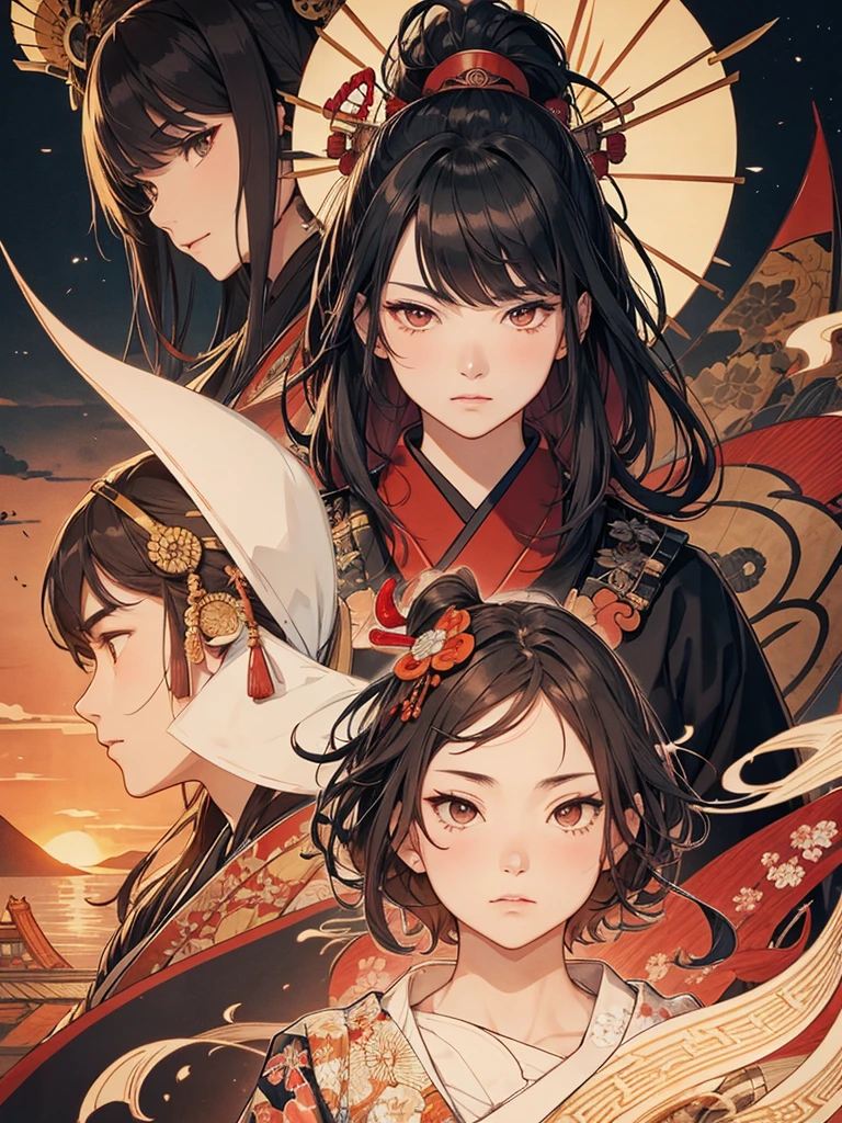 Ukiyo-e,Middle-aged men,Japan,Sengoku period,Samurai in elaborate armor,Slightly tilted upwards,Japan刀を右手で持ち切っ先は下,The left eye is hidden by the bangs,The right eye is stained red,Slightly leaning forward,The background is a battlefield at sunset,