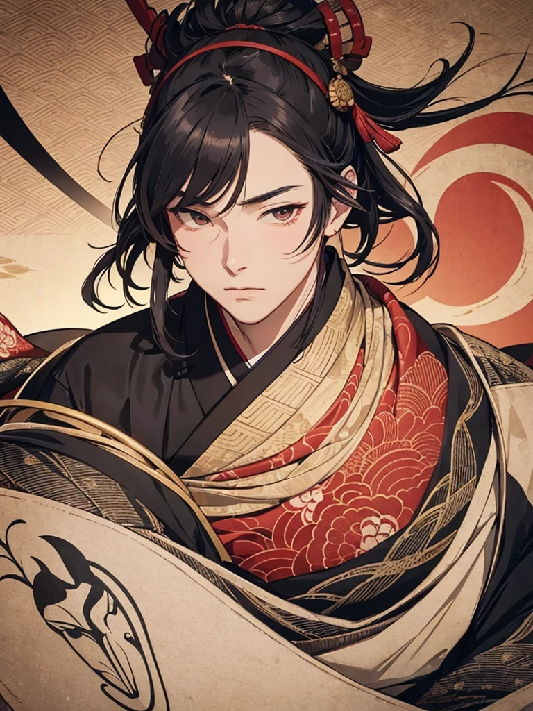 Ukiyo-e,Middle-aged men,Japan,Sengoku period,Samurai in elaborate armor,Slightly tilted upwards,Japan刀を右手で持ち切っ先は下,The left eye is hidden by the bangs,The right eye is stained red,Slightly leaning forward,The background is a battlefield at sunset,