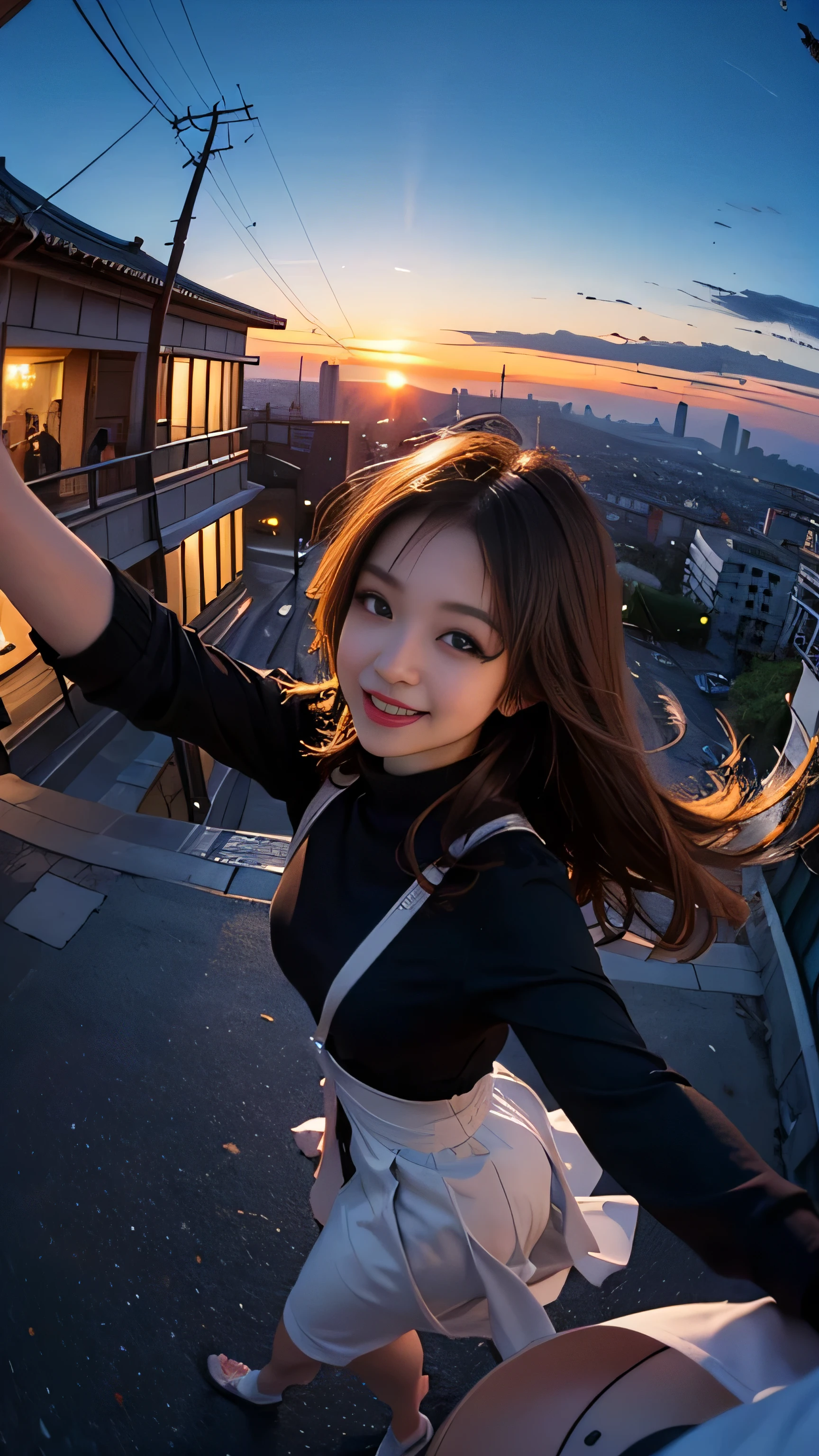 One girl, Korean, Fisheye Lens, Selfie, Wind, Messy Hair, sunset, Cityscape, (Aesthetics and atmosphere:1.2),smile