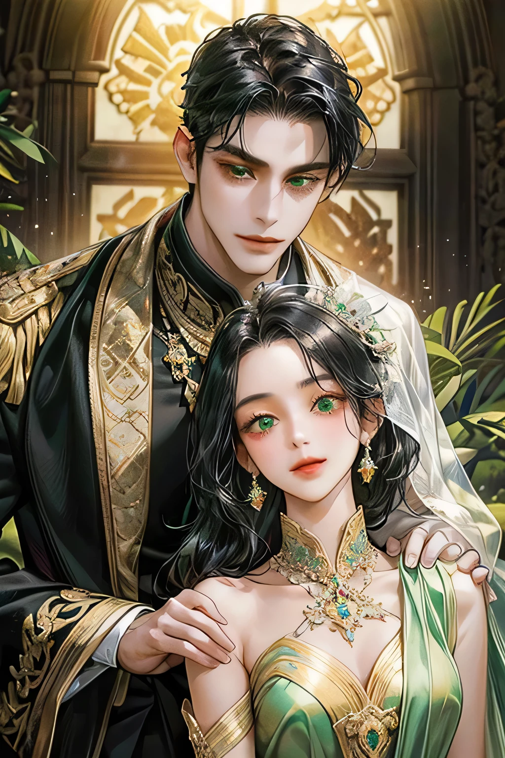 Couple, black hair, javanese prambanan style, masterpiece, best quality, realistic, romantic and charming, 29 years old, light green eyes, serious, extremely detailed face, smile,, ((short-right-swept dark black hair)), black suit, prambanan temple, accurate, detailed