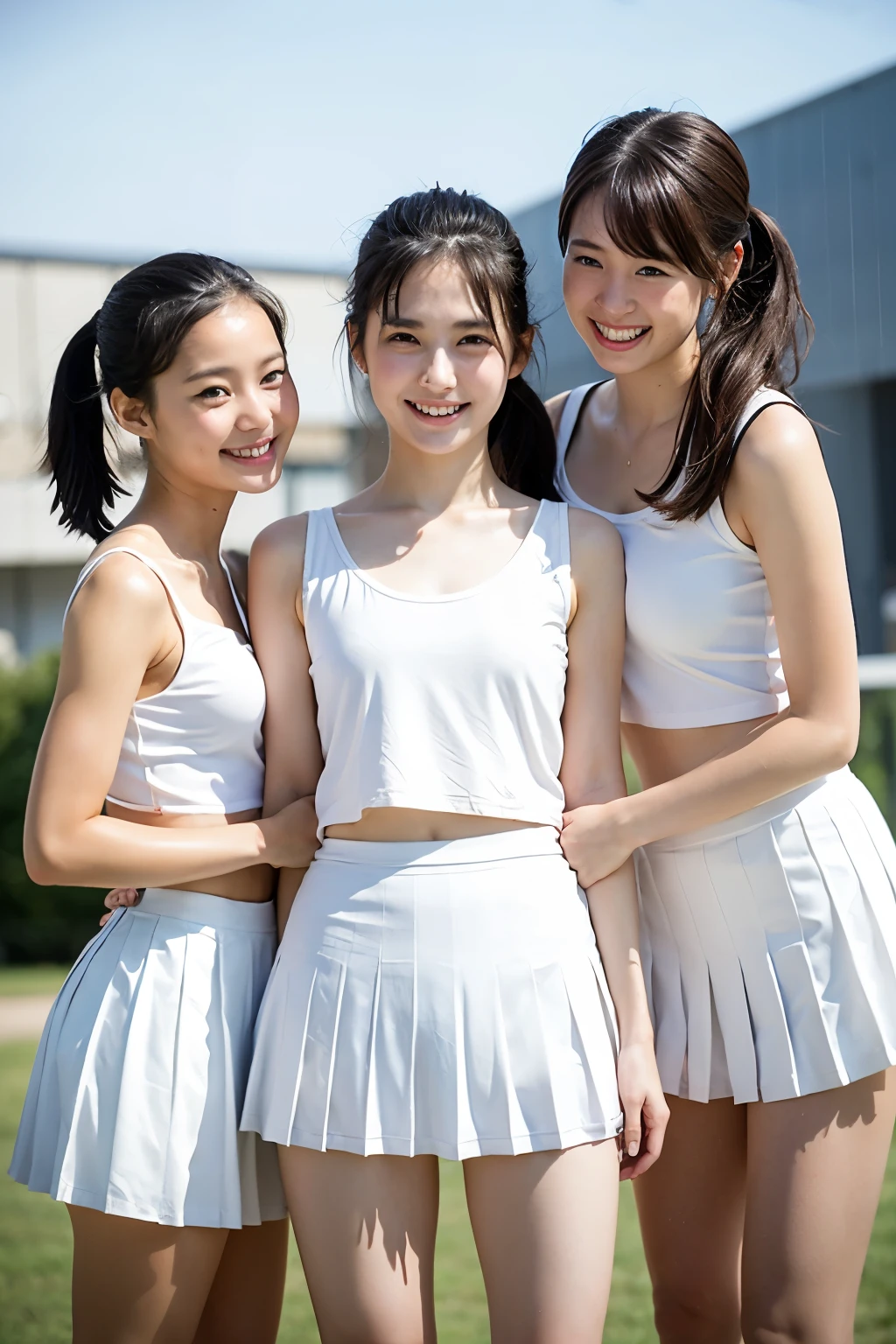 two girls standing in the park,Plain white school gym shirt with navy blue trim,Navy blue speed briefs,Red headband,White headband,18-year-old,bangs,A small smile,Thighs,knees,Straight hair with barrette,From below,Front light, White panties visible through the skirt、((Lift the hem of the skirt with both hands to reveal the panties))、The simple cuteness of a celebrity-like face