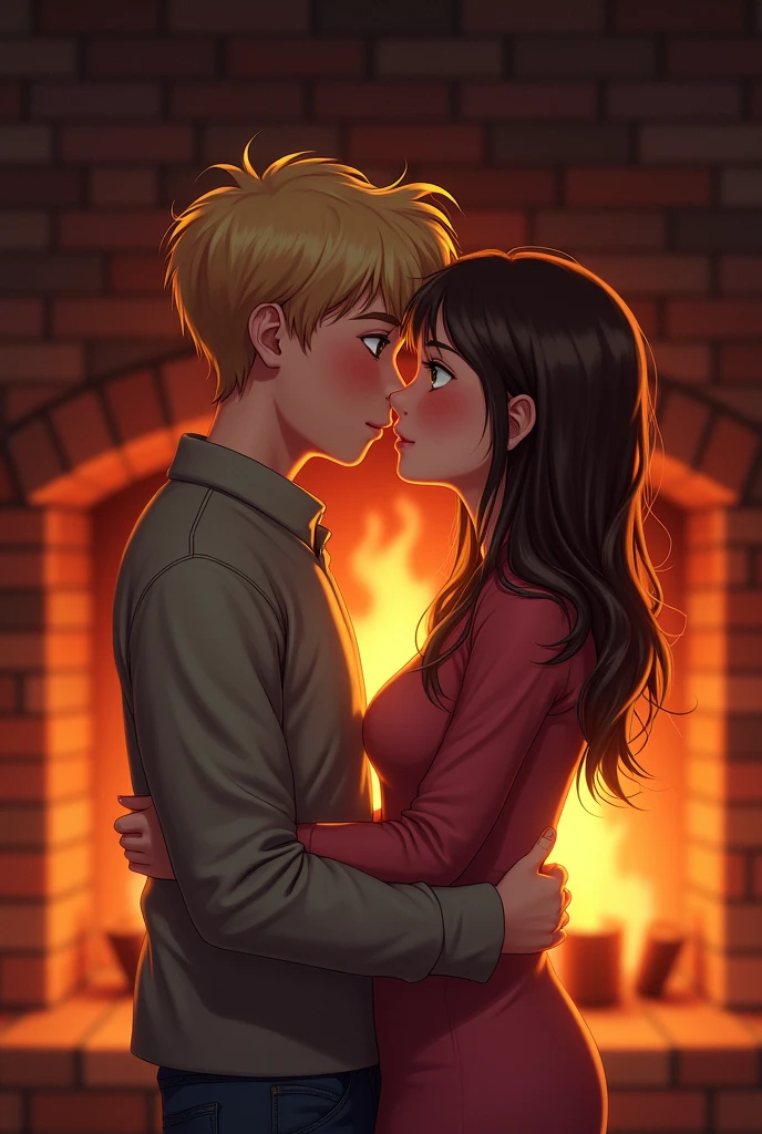 A blonde haired boy and a brunette haired girl in front on a brick fireplace about to kissing passionately for the first time and they really like each other