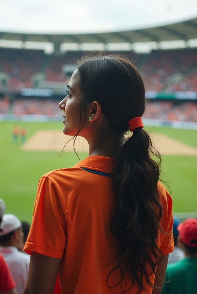 Create indian young women supporting indian cricket team in a jam packed cricket stadium