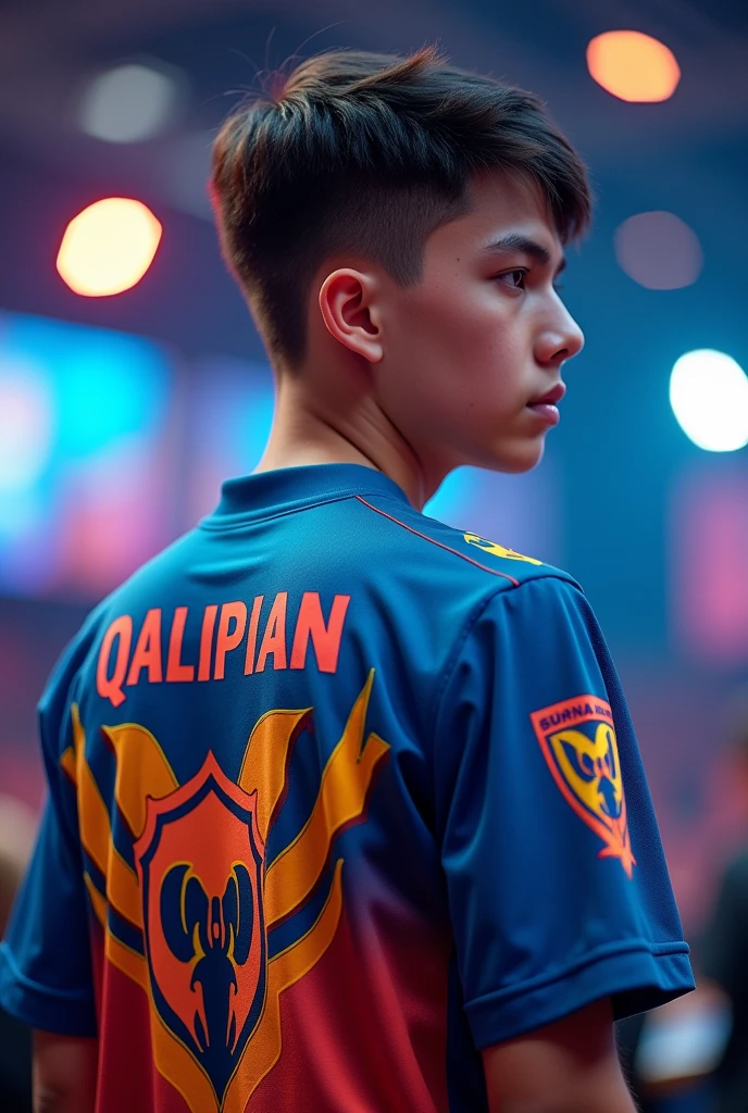 A young man gamer wearing esports jersy, with a name "QaLipian" at the back.