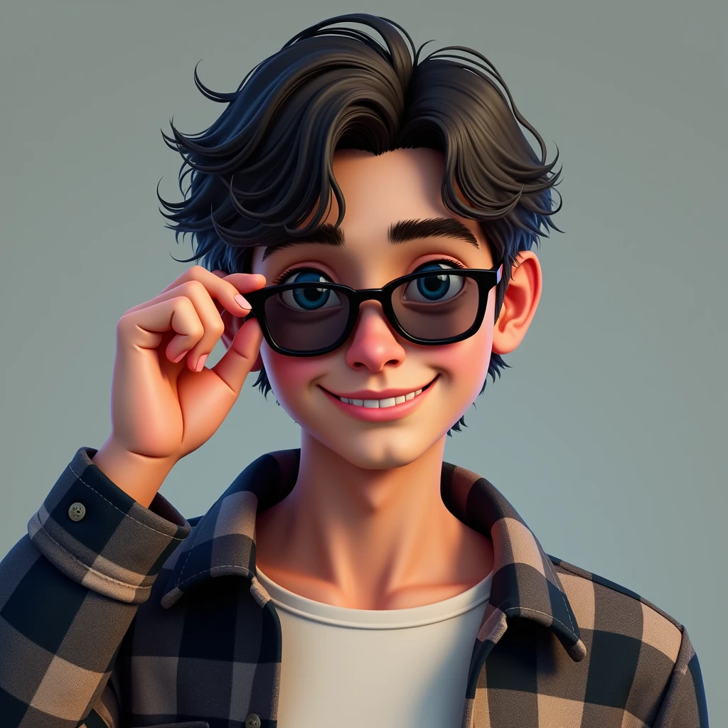 Cool age tall guy wearing flannel shirt layered with tshirt he has blue eyes medium hairs and he confidently stairing to viewer and putting off his sunglasses aesthetic portrait