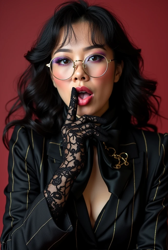 With long, curly black hair、Heavy makeup and purple eyeshadow、Around her neck she wears a ribbon-shaped satin black and gold chain patterned scarf.、Wearing gold-rimmed glasses、Wearing long gloves made of black rose lace、A Japanese woman in her 40s wearing a black suit with glitter stripes is licking her fingers obscenely with her tongue