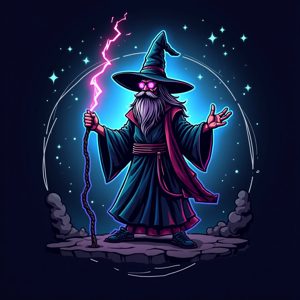 logo, vector, a wizard holding a lightning bolt, the name and Electrum, edm music  , illustration, Neon Energy
