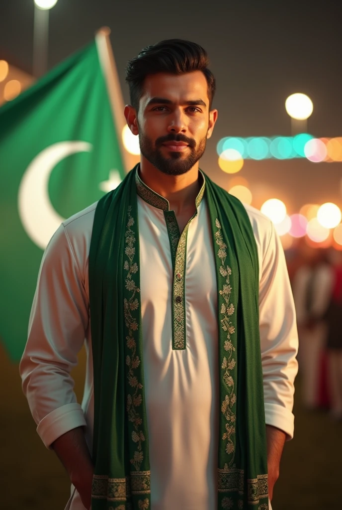 a handsome healthy body man in day light wearing white and green kurta shalwar with beautiful designed green muffler on shoulders on independence day, with a backgroun of blur lights and oakistan flag celebration
