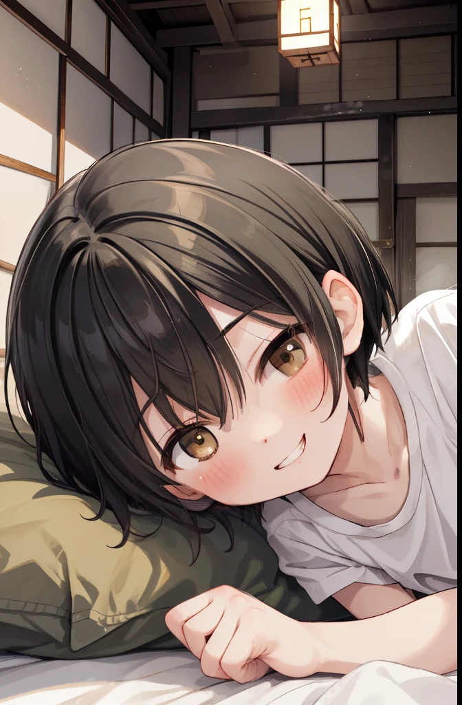 Old house in Japan,bed,dark,smile,close your eyes a little,1. small ,short hair,Black Hair,blush,White T-shirt,Olive green shorts,barefoot,White skin,From below,night中,night,Pushing the audience down,Lie,Face down,Brown eyes,Grin