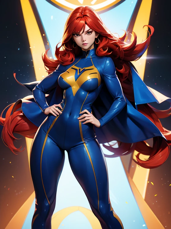 "Jean Grey standing confidently in a tight X-Men uniform, her athletic build and curvaceous figure highlighted by the form-fitting suit. The yellow and blue suit accentuates her narrow waist and strong legs, while her flowing red hair adds a dynamic touch."