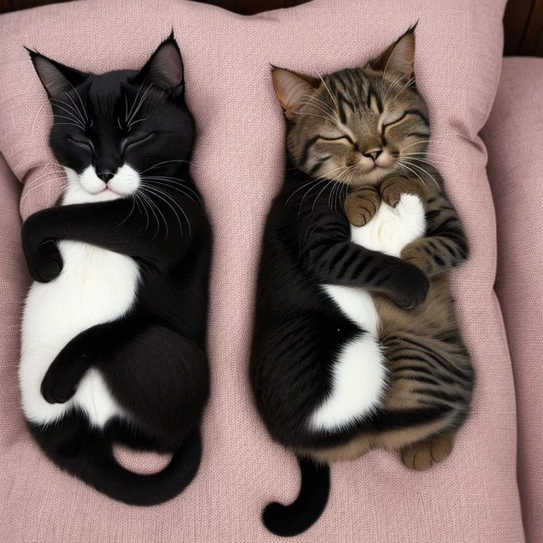 A pair of cats sleeping together. Each cat is a different colour. Their sleeping bodies form a heart.