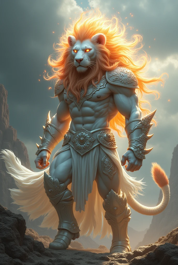 Create a white warrior with a lion&#39;s head and fiery eyes. The character is white and the lion&#39;s mane is full  