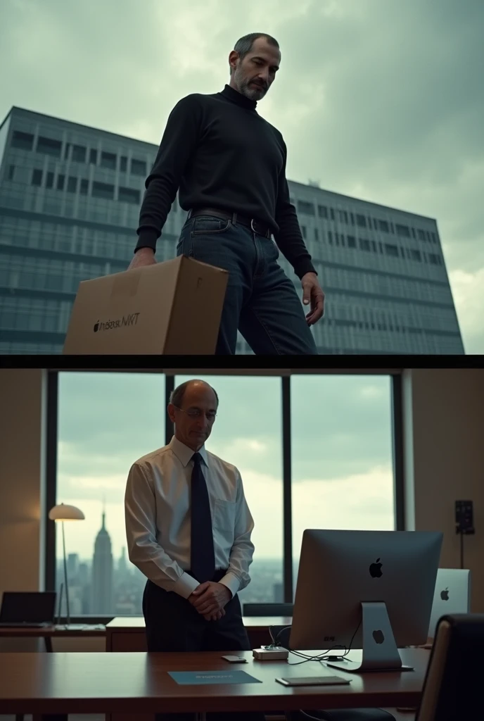 「A somber image of Steve Jobs leaving Apple, carrying a box of personal items. The background depicts the Apple headquarters with a cloudy sky. In contrast, the next part of the image shows Jobs in a modern, sleek office setting at NeXT, with a NeXT computer on his desk, symbolizing new beginnings. The mood should reflect both loss and determination.」