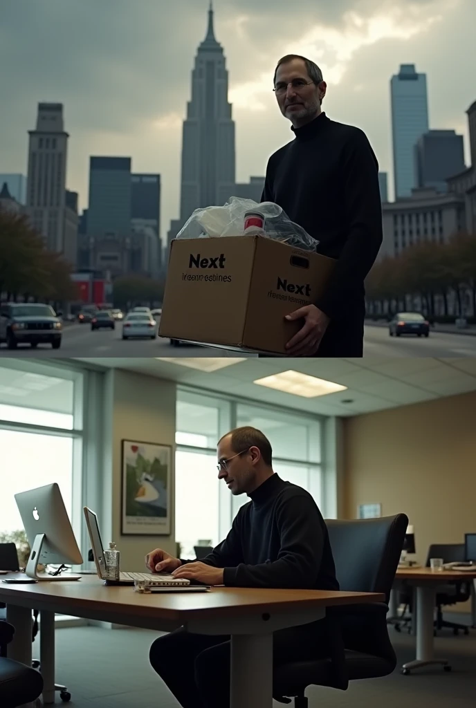「A somber image of Steve Jobs leaving Apple, carrying a box of personal items. The background depicts the Apple headquarters with a cloudy sky. In contrast, the next part of the image shows Jobs in a modern, sleek office setting at NeXT, with a NeXT computer on his desk, symbolizing new beginnings. The mood should reflect both loss and determination.」