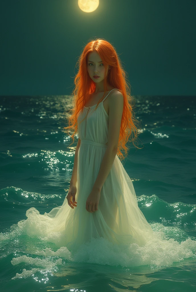 (masterpiece, Highest quality), ((One girl, alone, Long Hair)), Ishmael_edge, Innocent look, Bare arms, Exposing shoulders, Bare neck, watercolor, Sundress, Liquid clothing, water, Wave, water dress, green_theme, night, haze, dark, Sharp focus, Ocean, See-through dress, Orange Hair