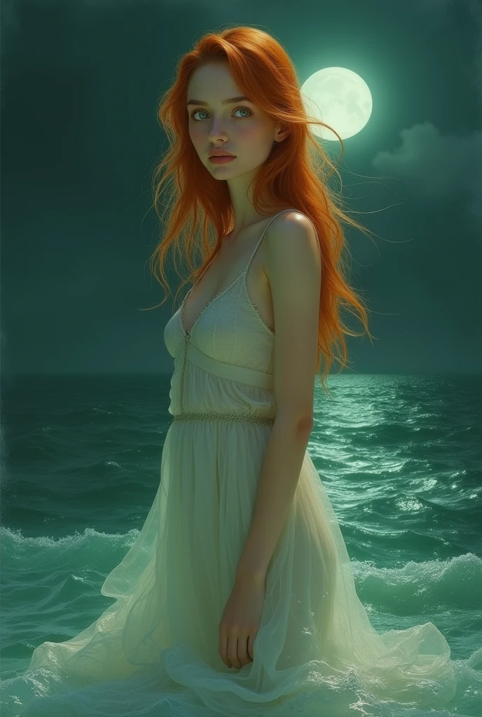(masterpiece, Highest quality), ((One girl, alone, Long Hair)), Ishmael_edge, Innocent look, Bare arms, Exposing shoulders, Bare neck, watercolor, Sundress, Liquid clothing, water, Wave, water dress, green_theme, night, haze, dark, Sharp focus, Ocean, See-through dress, Orange Hair