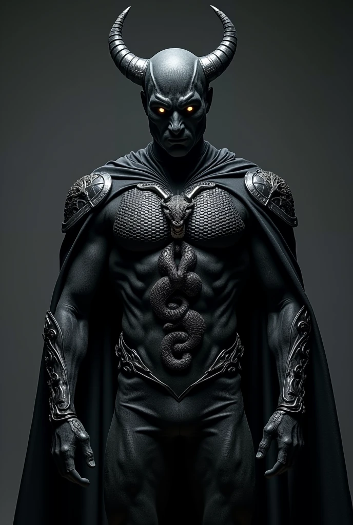 Make a image of a black superhero suit with a cape and has a snake design in the center of the suit and two small bull head statue on the shoulder of the suit