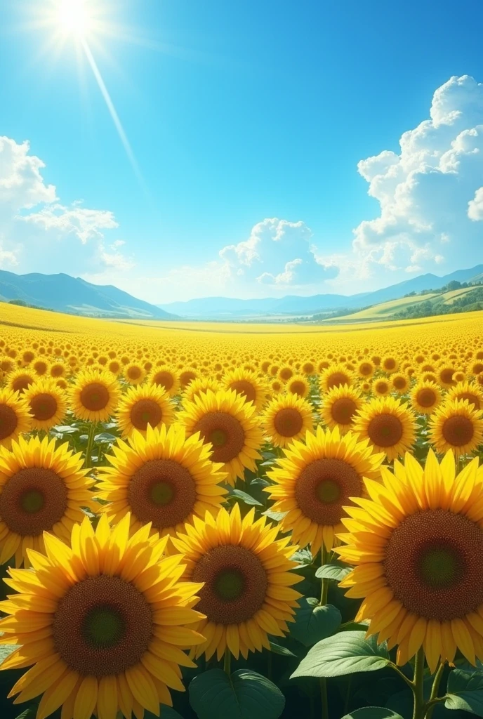 Sunflower field, Under the blue sky, high detail of complex objects, bright rich colors, the picture is as realistic as possible