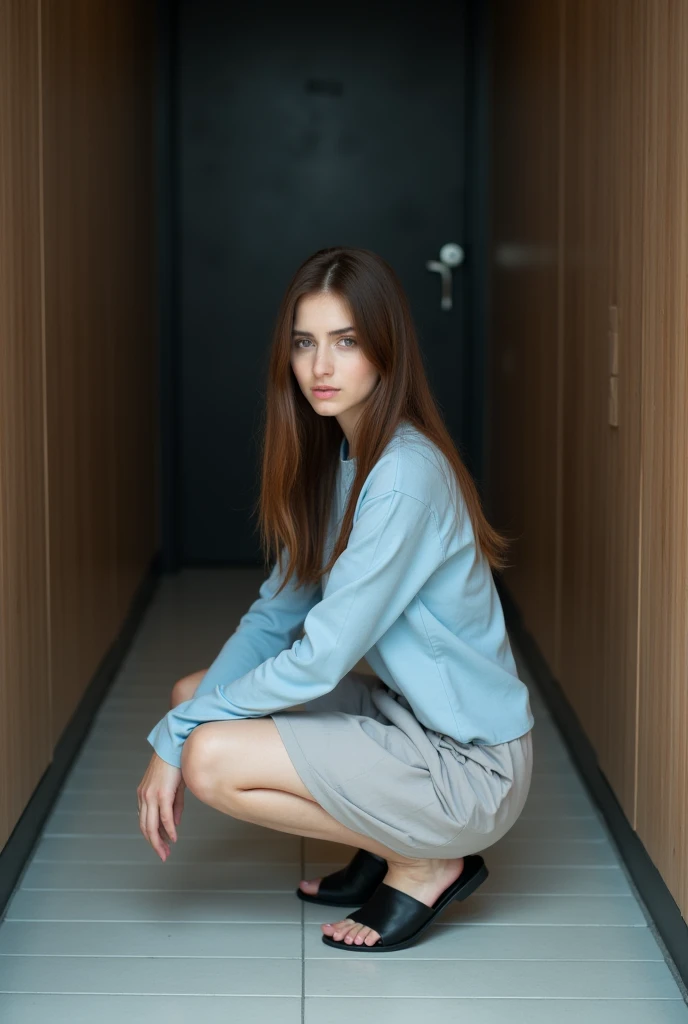 A photograph of a young woman with long, straight brown hair, squatting down in a small, enclosed indoor space, likely an entrance or hallway area. She is wearing a light blue long-sleeved shirt and a light-colored skirt that covers her legs as she squats, her hands gently resting on her knees. The woman is looking directly at the camera with a calm and composed expression. She is wearing black open-toe sandals, and the tiled floor beneath her is light-colored, reflecting some of the ambient light. The background features a dark door and wooden paneling on the walls, suggesting a modern, minimalistic interior design. The overall atmosphere is quiet and intimate, with soft lighting that highlights the woman’s features and her relaxed posture