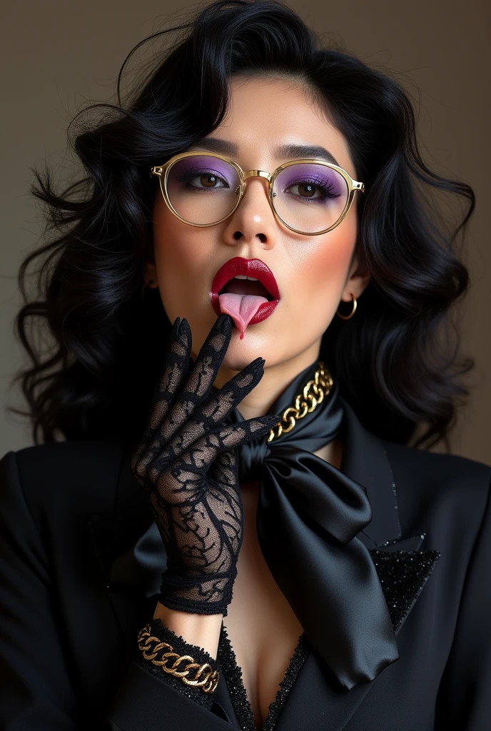 With long, curly black hair、Heavy makeup and purple eyeshadow、Around her neck she wears a ribbon-shaped satin black and gold chain patterned scarf.、Wearing gold-rimmed glasses、Wearing long gloves made of black rose lace、A Japanese woman in her 40s wearing a black suit with glitter stripes is licking her fingers obscenely with her tongue