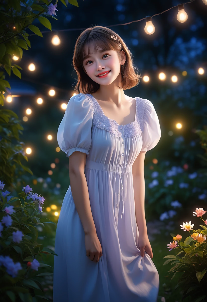 (best quality,4K,8K,high resolution,masterpiece:1.2),Extremely detailed,(Ultra-Practical, photoPractical,photo-Practical:1.37), night,In the lush garden,A beautiful young girl gives a shy smile, detailed high resolution 8K photo, Detailed background, Dutch angle wide angle lens, Detailed girl,beautiful eyes, nose, and lips, detailed flowers, Starry night sky, (best quality,4K,8K,high resolution,masterpiece:1.2),Extremely detailed,(Practical,photoPractical,photo-Practical:1.37),HDR,Ultra HD,Studio Lighting,Super Fine,Clear focus,Physically Based Rendering,Extremely detailed的描述,professional,Bright colors,Bokeh,portrait,photography