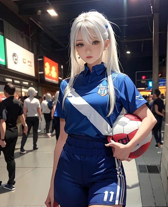 Ultra realistic, high detailed, woman standing normal, long hair, realistic 1.3, football blue shirt, short pant, jersey 5,white hair, make up face,
