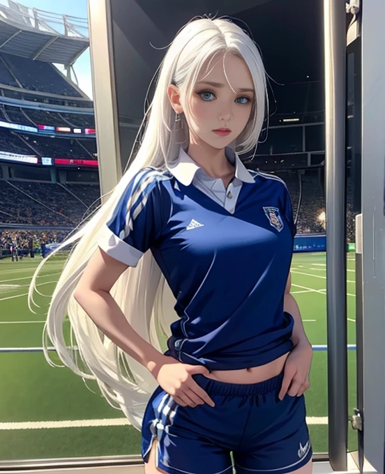 Ultra realistic, high detailed, woman standing normal, long hair, realistic 1.3, football blue shirt, short pant, jersey 5,white hair, make up face,