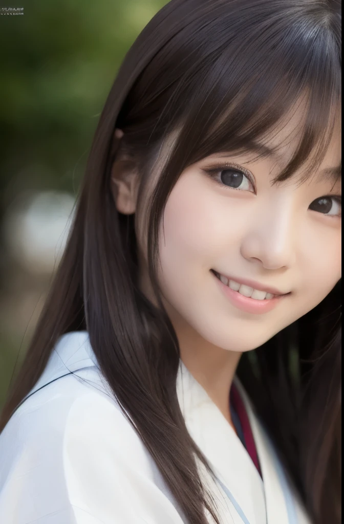 best quality, face focus, soft light, ultra high res, (photorealistic:1.4), RAW photo,(Shinozaki Ai), white skin, kawaii, 1 Japanese girl, solo, cute, (smile), (pupil, lights in the eyes), detailed beautiful face, Medium-sized breasts,(high resolution detail of human skin texture),(long hair),(portrait), upper body, white traditional kimono