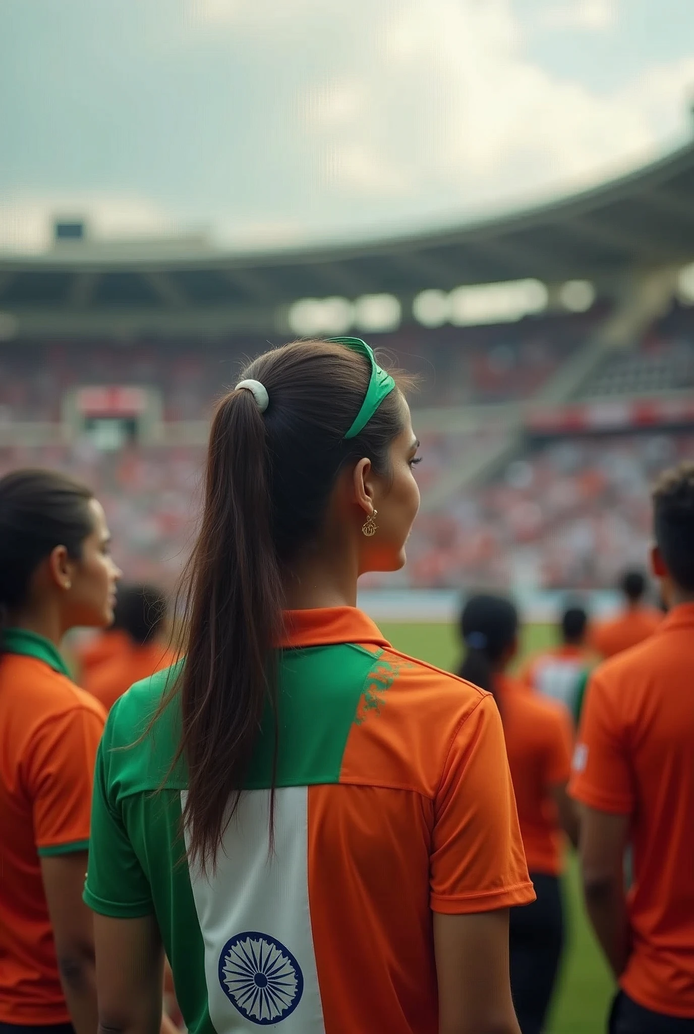 Create indian young women supporting indian cricket team in a jam packed cricket stadium