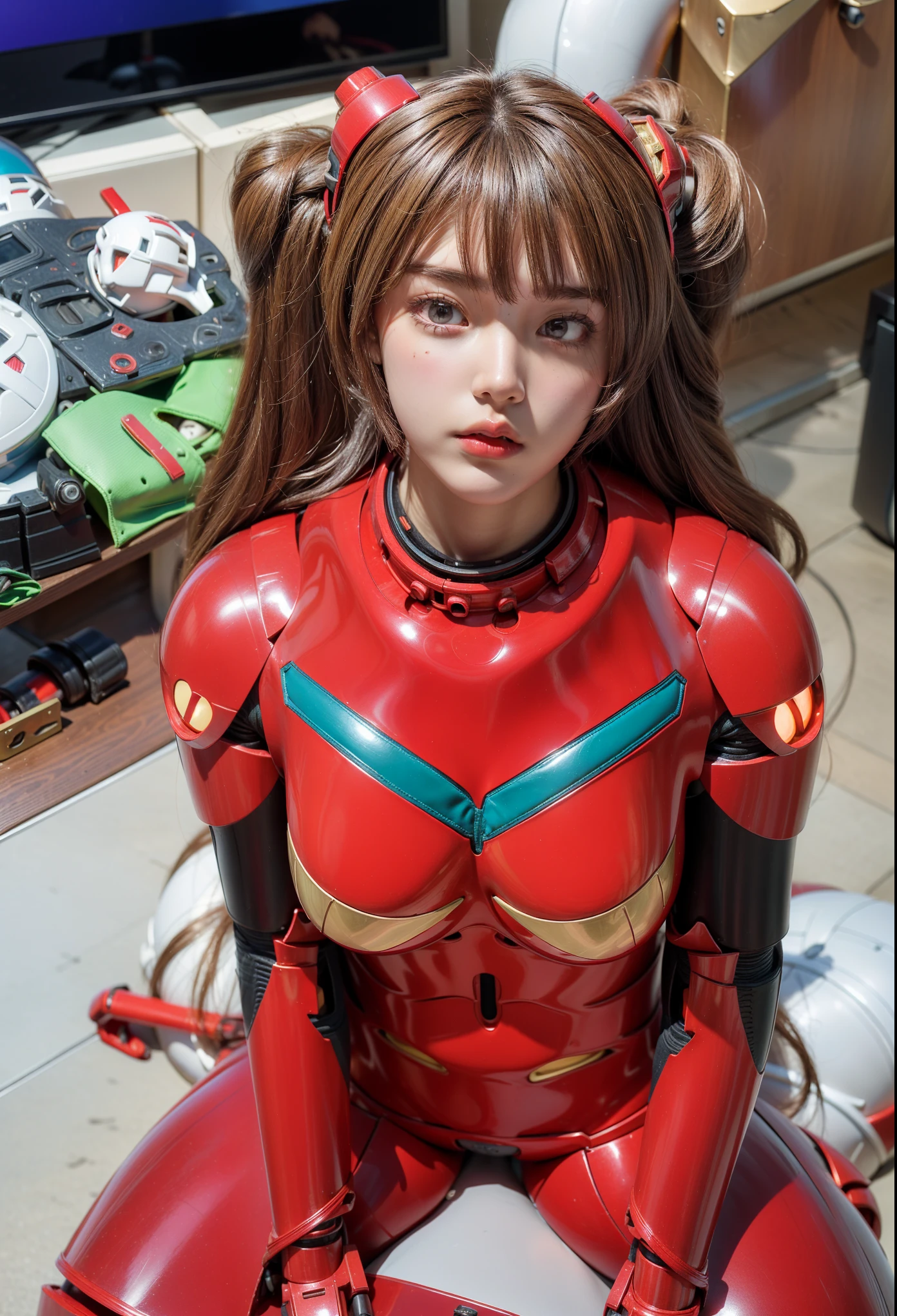 (1 Girl), (Mechanical body), (Super detailed face), (Half Phoenix Mecha Helmet:1), (Big buttocks, gigantic round breasts:1.5), (cleveage:1.5), (Muscle Abs:1.3), (白色Mech Guard臂, Mecha Diamond Core:1.3), (Red shiny futuristic mech armor equipment, Mecha tights suit, Mech Guard), (Muscular female body type, Radiant Skin, Sexy long legs:1.1), (Looking at the audience:1.3), (Women&#39;s Focus:0.9), (Pedestrian corridor of future space station:1), (Bright light white_Room:1.3), Super texture, Unreal Engine Rendering, Physically Based Rendering, Ultra-high definition, ,8k，CG Rendering