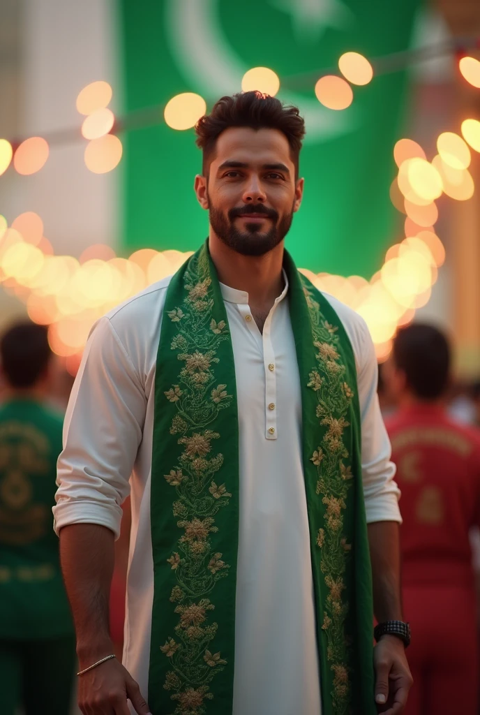 a handsome healthy body man in day light wearing white and green kurta shalwar with beautiful designed green muffler on shoulders on independence day, with a backgroun of blur lights and oakistan flag celebration