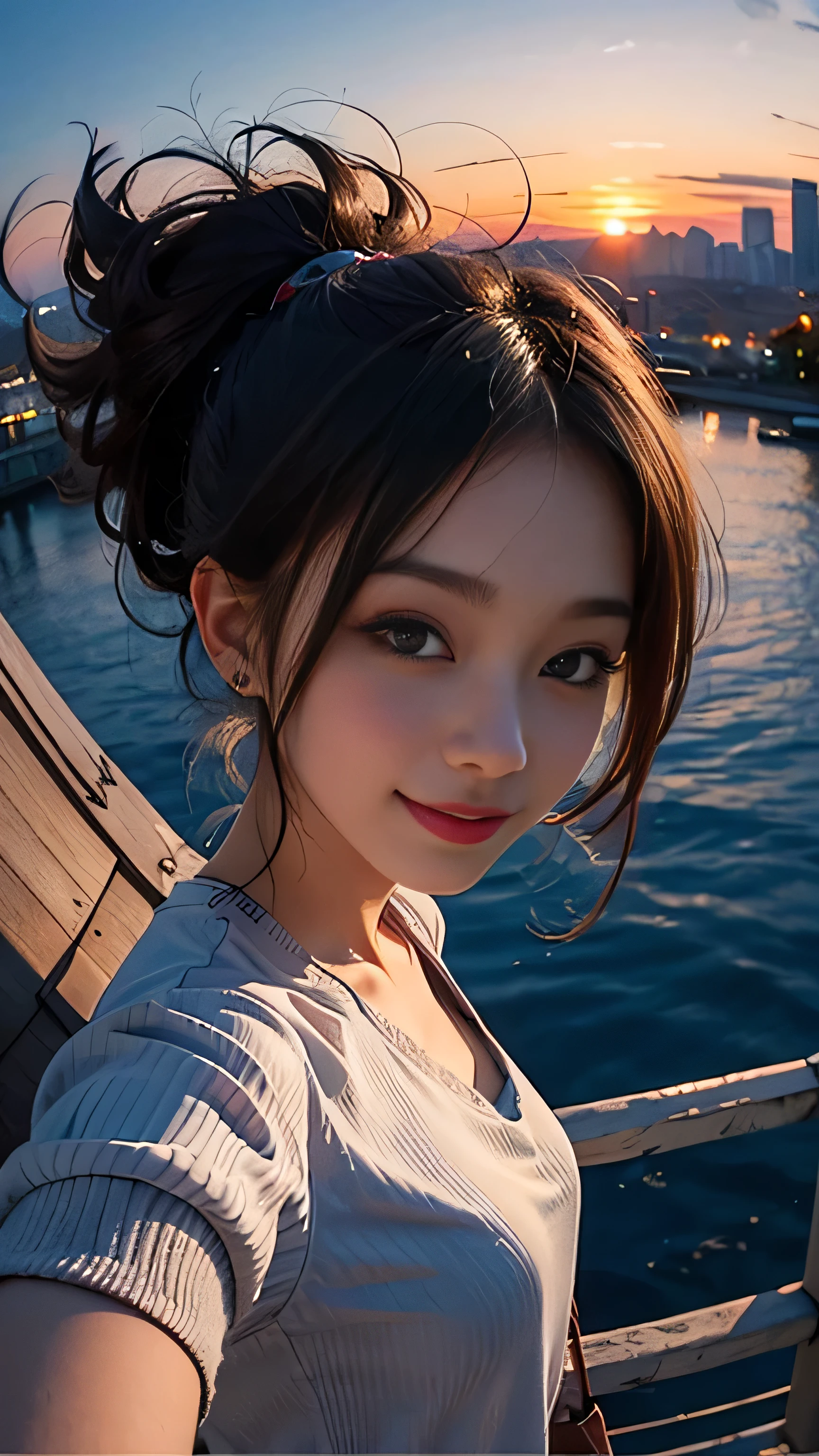 One girl, Korean, Fisheye Lens, Selfie, Wind, Messy Hair, sunset, Cityscape, (Aesthetics and atmosphere:1.2),smile