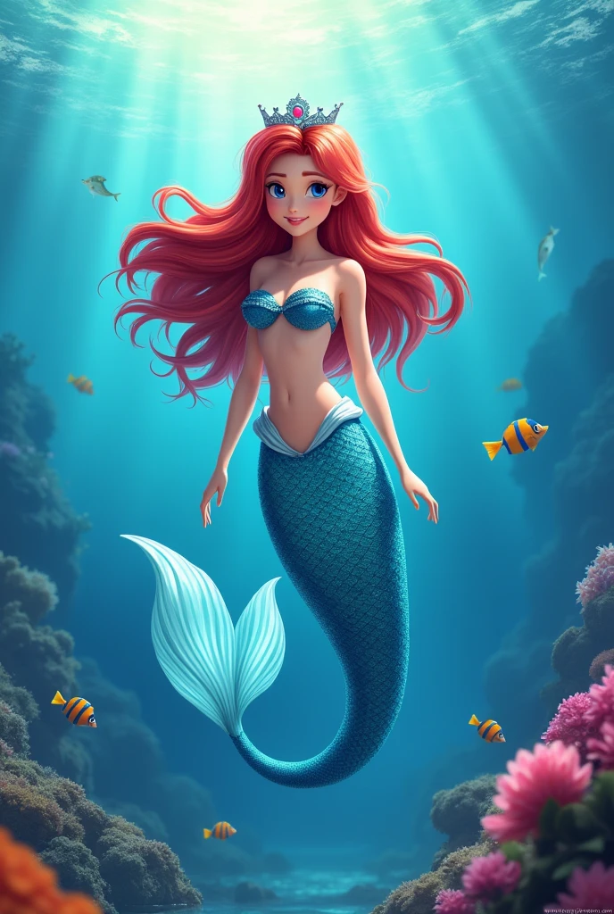 A poster for "Rina" Season 8
Rina is a mermaid with blue tail, top, ears, crown and red hair seeing her real parents that were mermaids like her but she never forgot about her adoptive mom, dad, her sister and 2 brothers